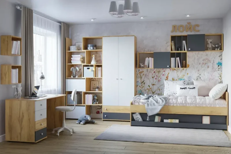 Детская Лойс №2 (Дуб золотистый/Белый/Графит) — Мебель-центр Озерцо