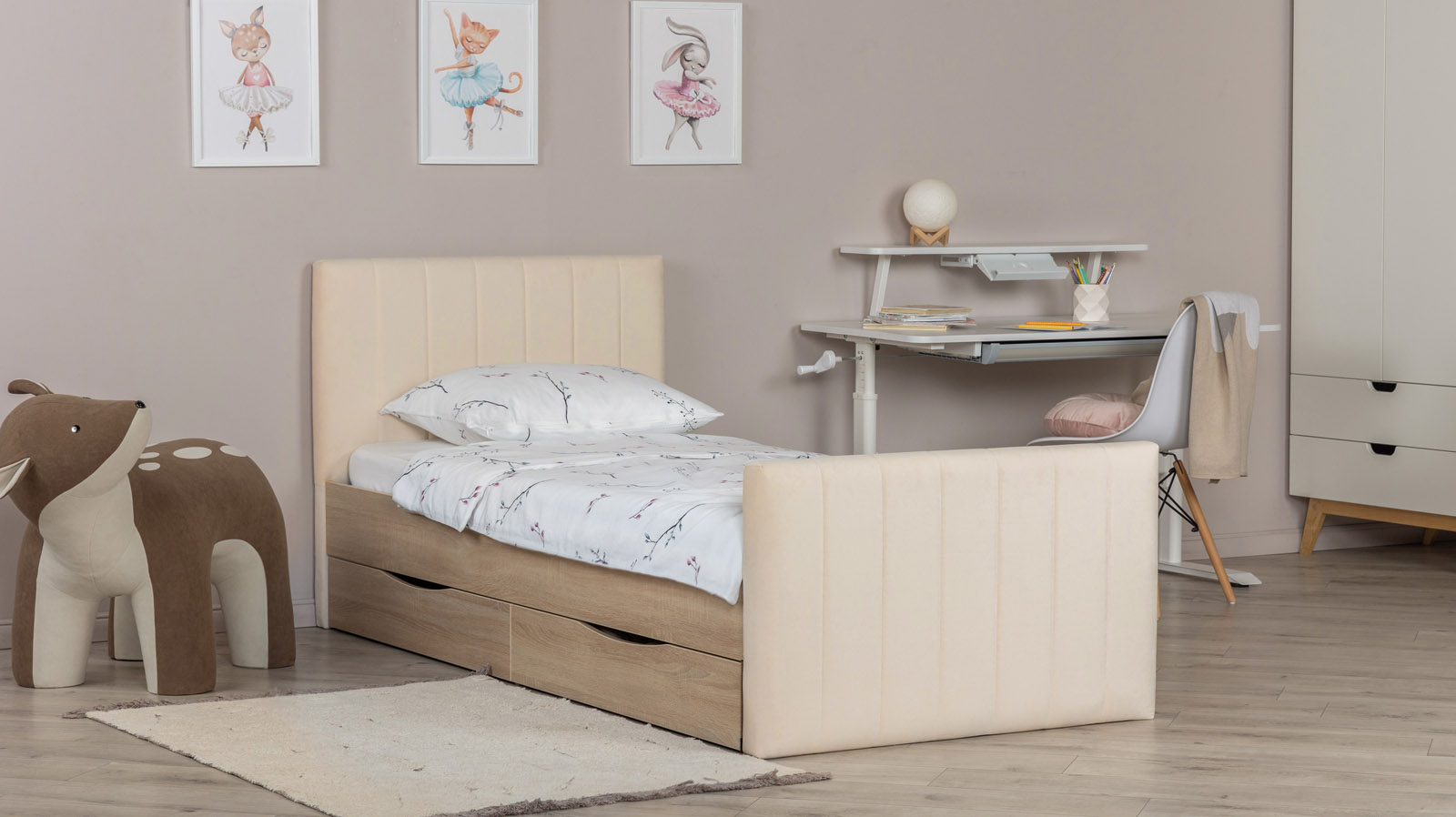 Кровать подростковая Olly, цвет: Дуб Бардолино натуральный, Тк. Casanova Milk 80x160 — Мебель-центр Озерцо