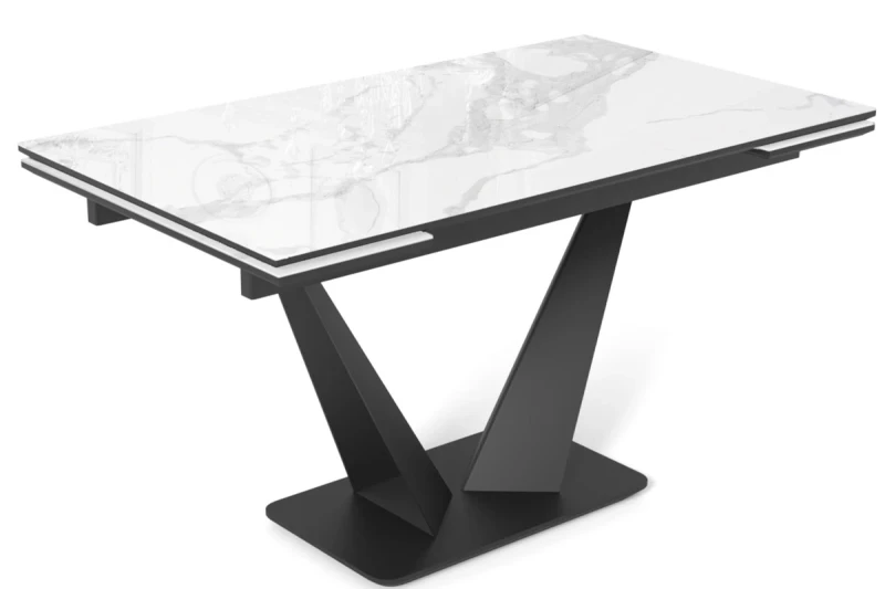Стол обеденный Ниагара 1400(2000) (Стекло Оптивайт с фотопечатью Белый Мрамор/МДФ Черный кварц /Рама черная/Металл черный) - купить в Озерце