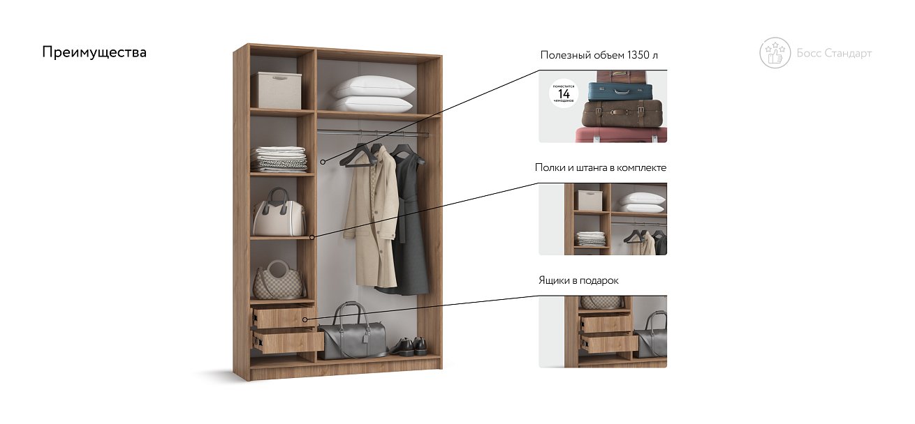 Босс Стандарт 135*220 шкаф распашной 3Д + ящики Орех Селект в мебель-центре Озерцо