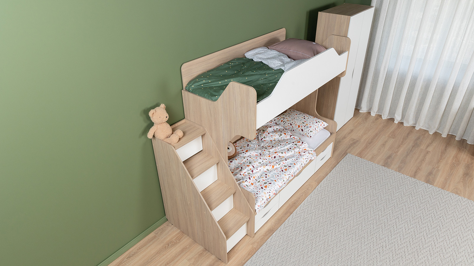 Детская кровать двухъярусная Luna 90x190, цвет Дуб Медовый + Белый Премиум - заказать на Ozerco.com Детская кровать двухъярусная Luna 90x190, цвет Дуб Медовый + Белый Премиум — Мебель-центр Озерцо