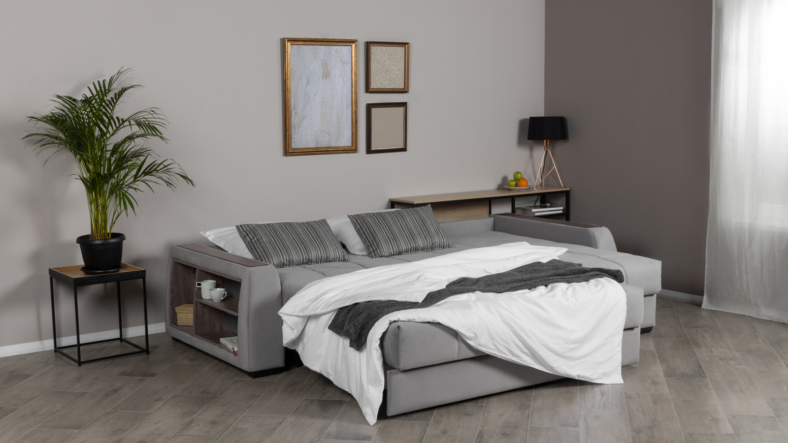 Диван угловой Domo Pro с полками цвета венге, стежка квадрат, ткань Sky Velvet 08 160x216 — купить в Озерце