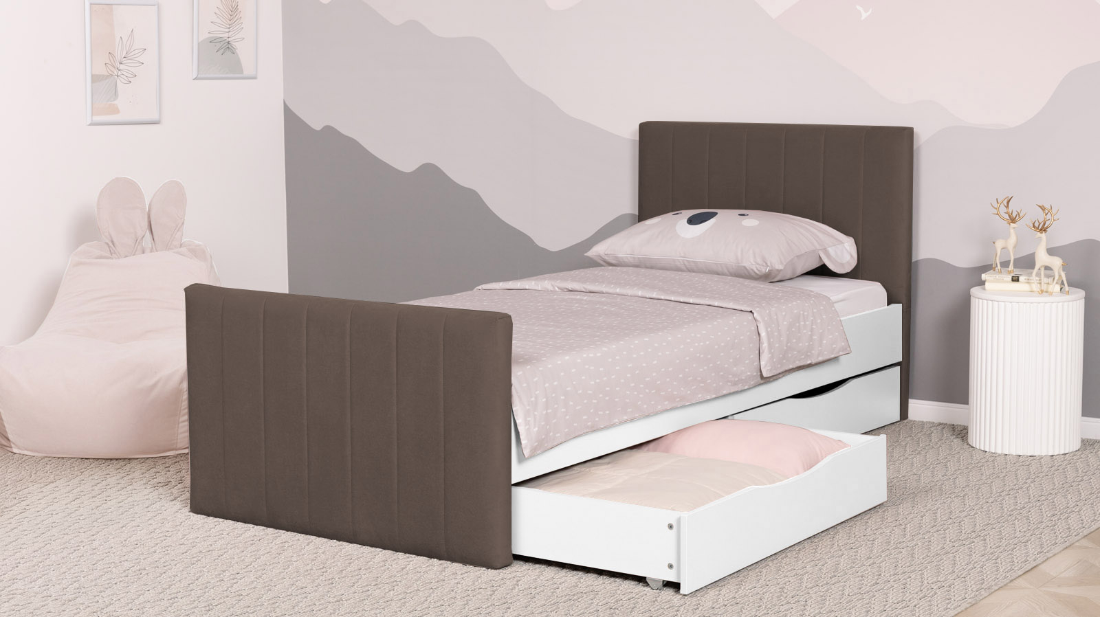 Кровать подростковая Olly, цвет: Белый базовый, Тк. Casanova Chocolate 90x200 — Мебель-центр Озерцо