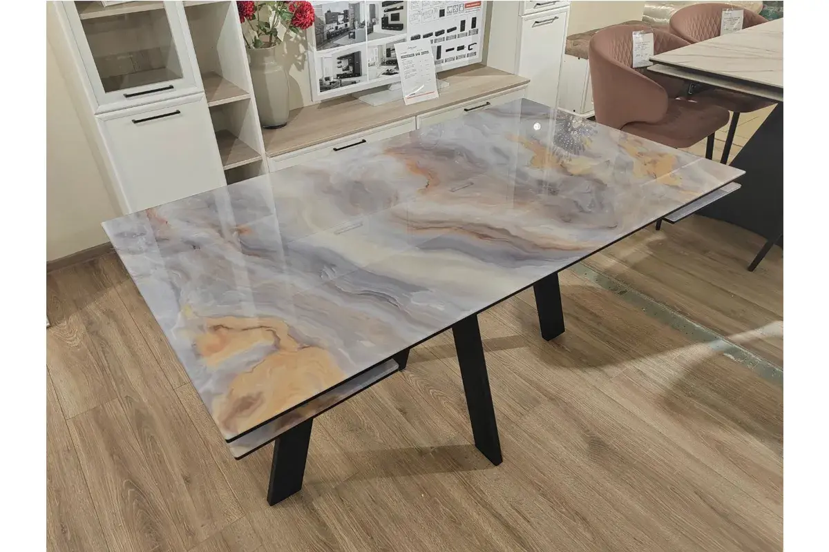 Стол обеденный Нео-2 1400(2000) (ст. №2/Стекло Оптивайт с фотопечатью Кианит/МДФ черный кварц/Черная/Металл черный) - купить в Озерце