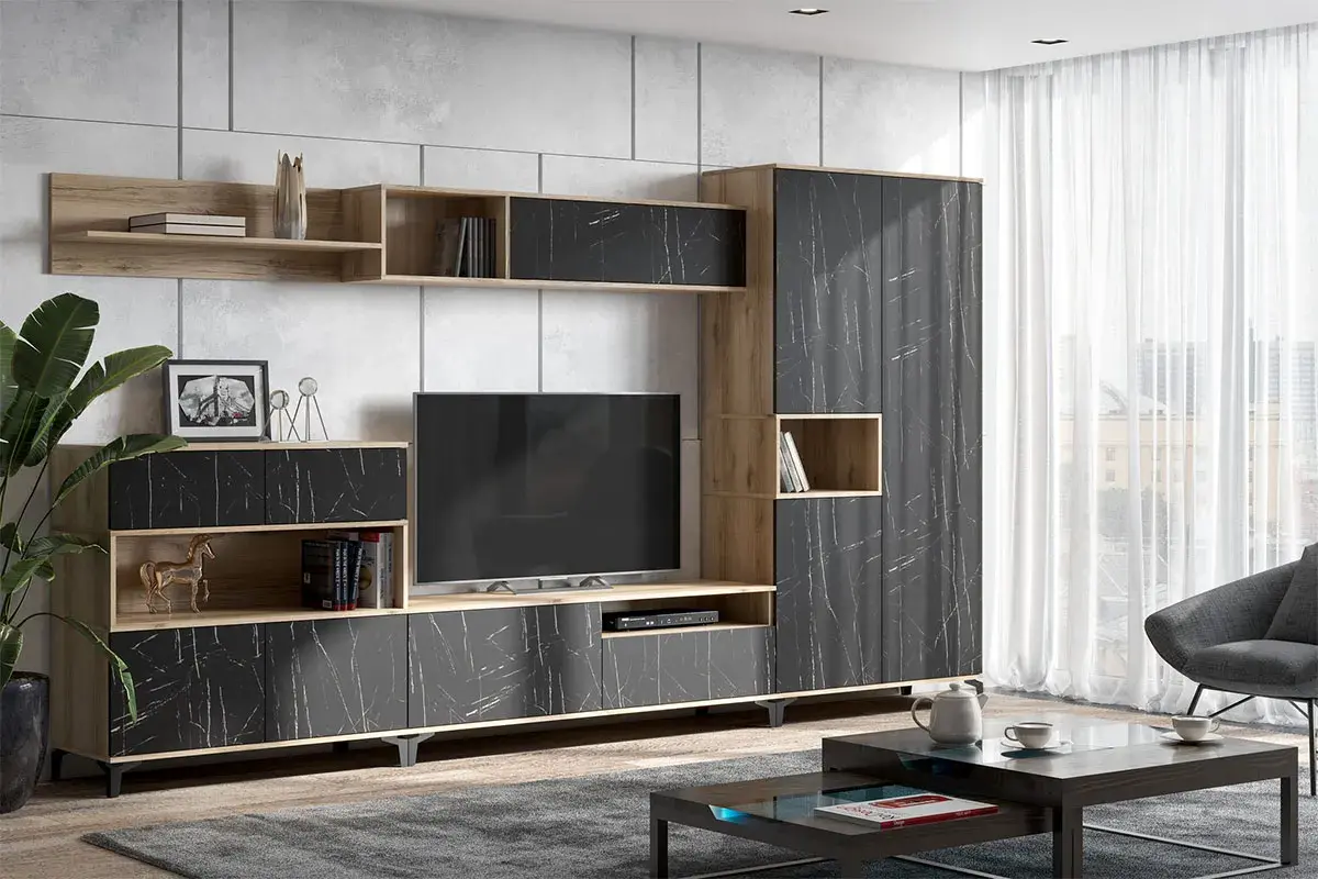 Полка навесная Луксор-4 (Дуб Делано светлый/Камень Пьетра черный) — Мебель-центр Озерцо