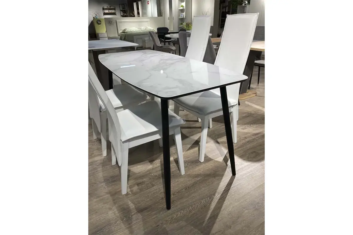 Стол обеденный Квин 1100(1500) (Стекло с фотопечатью Белый мрамор / МДФ Черный кварц / металл черный) - купить в Озерце