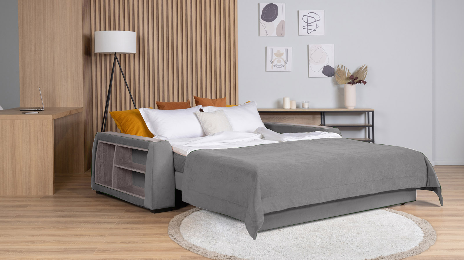 Диван - кровать Domo Pro с полками цвета ясень, стежка квадрат, ткань Sky Velvet 08 180x216 — в мебель-центре Озерцо