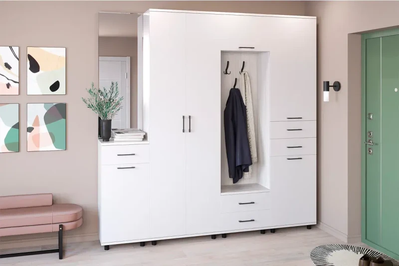 Прихожая Грейс комплект 7 (Снежный Ясень/Белый Бриллиант Глянцевый) — Мебель-центр Озерцо