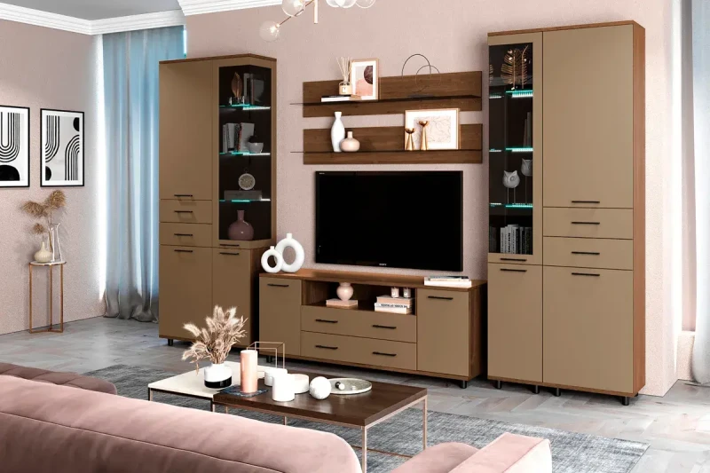 Гостиная Грейс комплект 12 (Гикори Джексон Темный/Латте Матовый) — Мебель-центр Озерцо