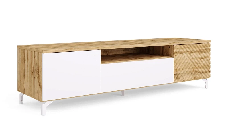 Тумба под ТВ двухдверная с ящиком Stefania, цвет: Дуб Натюрель + Белый Премиум — купить в Озерце