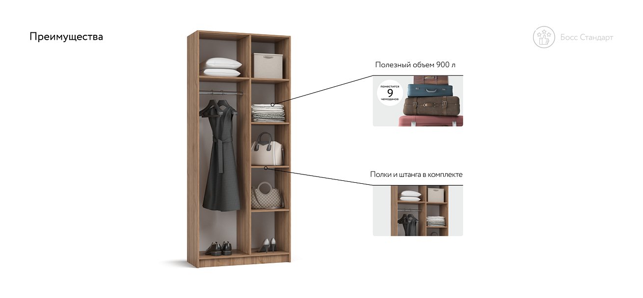 Босс Стандарт 90*220 шкаф распашной 2Д Орех Селект в мебель-центре Озерцо