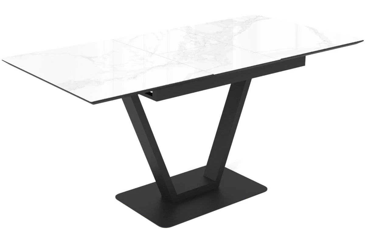 Стол обеденный Луи 1200(1600) (Стекло прозрачное с фотопечатью Белый мрамор/ МДФ Черная шагрень/ Металл Черный) - купить в Озерце