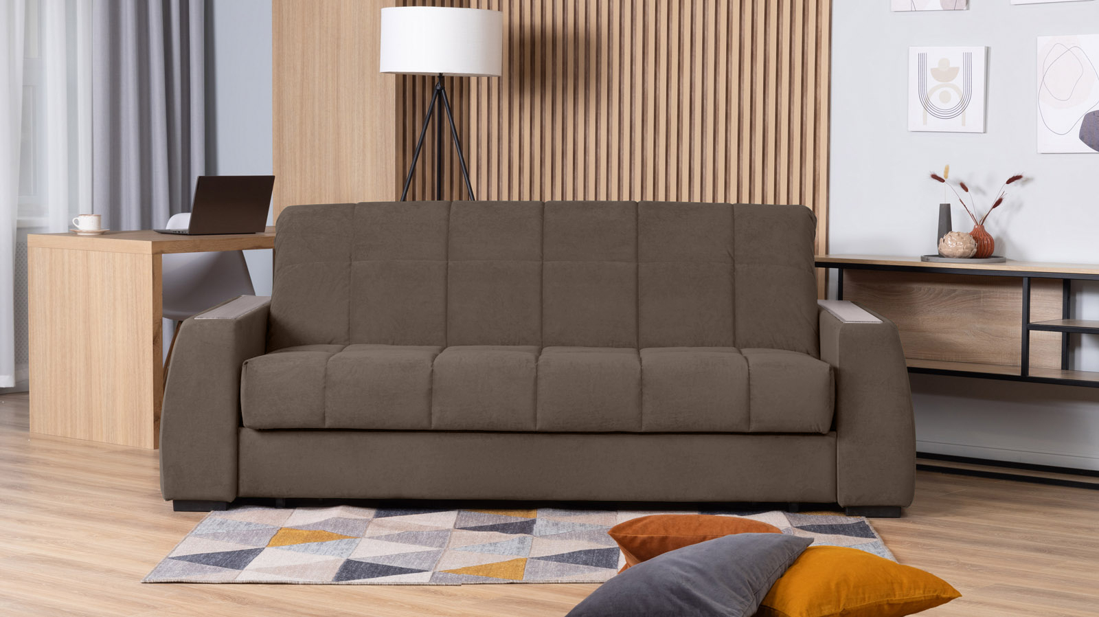 Диван - кровать Domo Pro с полками цвета ясень, стежка квадрат, ткань Sky Velvet 02 180x216 — в мебель-центре Озерцо