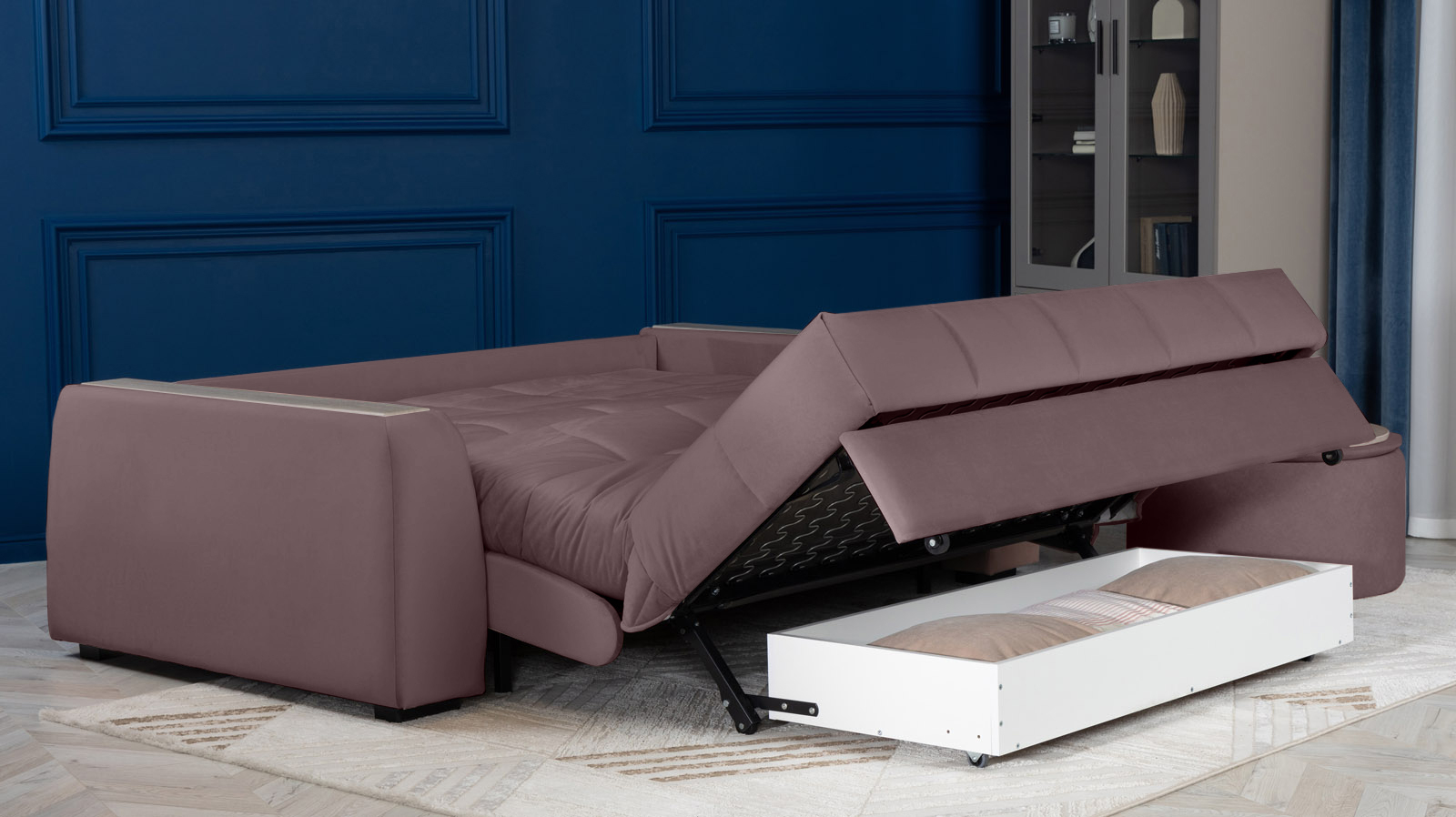 Диван - кровать Domo Pro с накладкой цвета ясень, стежка квадрат, ткань Casanova Lilac 160x216 — в мебель-центре Озерцо