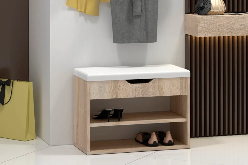 Тумба для обуви Лаки Тип 1 (Дуб Сонома/Экокожа Белая) — Мебель-центр Озерцо
