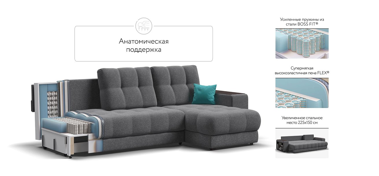 Босс ХЛ угловой диван Рогожка Мальмо серый — купить в Озерце