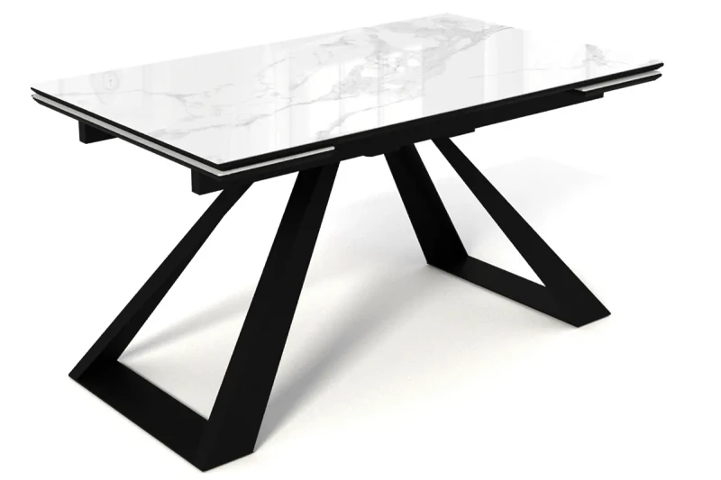 Стол обеденный Старк 1600(2200) (ст.№2/Стекло с фотопечатью Белый мрамор/МДФ Черный кварц/Металл Черный) - купить в Озерце