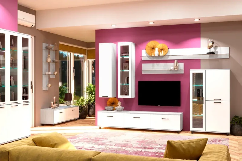 Гостиная Грейс комплект 8 (Снежный Ясень/Белый Бриллиант Глянцевый) — Мебель-центр Озерцо