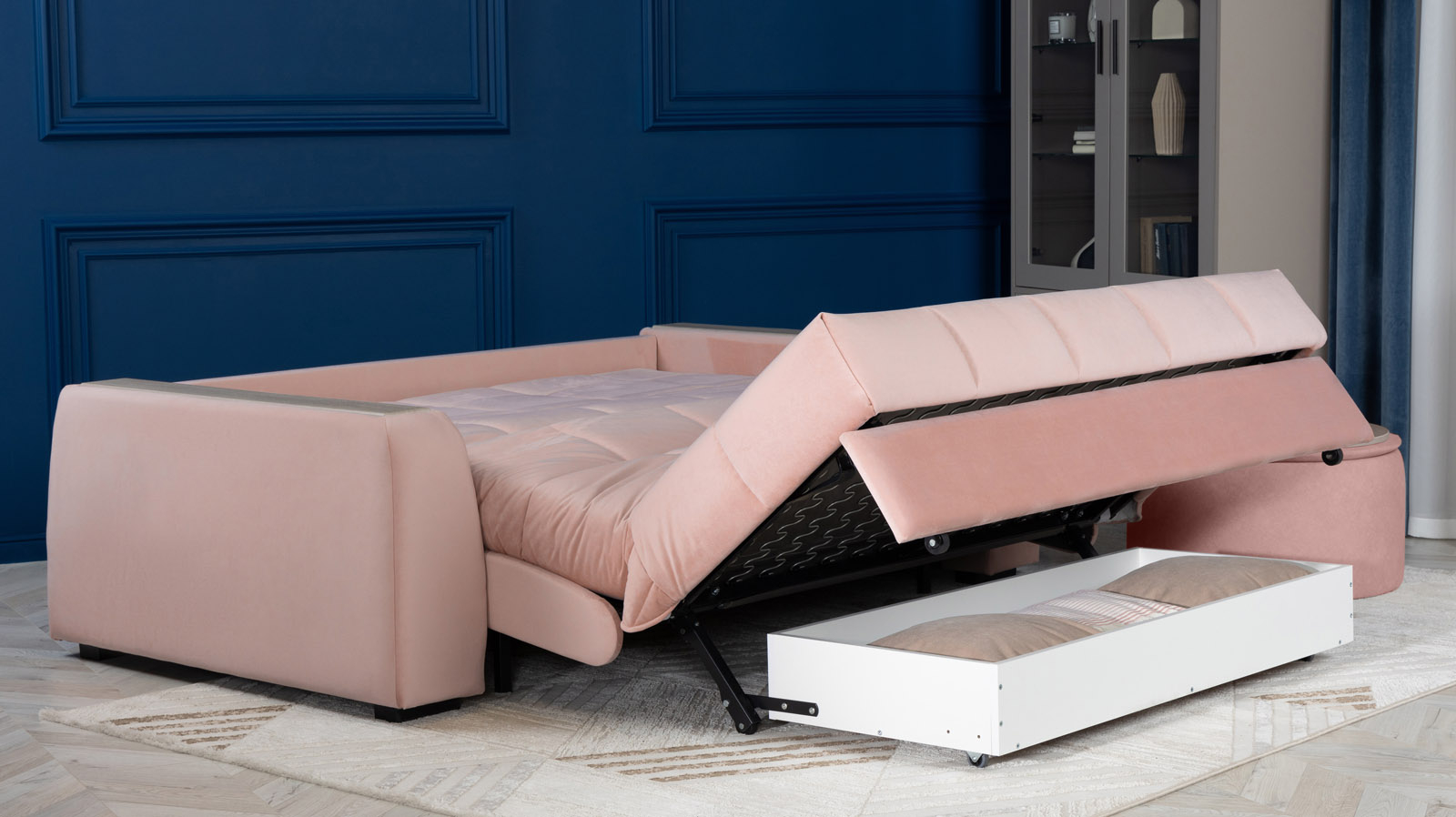 Диван - кровать Domo Pro с накладкой цвета ясень, стежка квадрат, ткань Sky Velvet 01 140x216 — в мебель-центре Озерцо