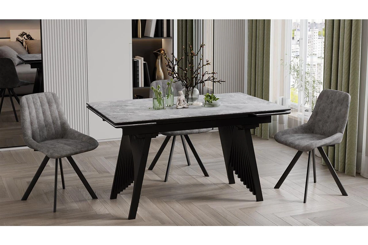 Стол обеденный Шелдон Тип 1 (Черный муар/Керамика матовая серый мрамор) - купить в Озерце