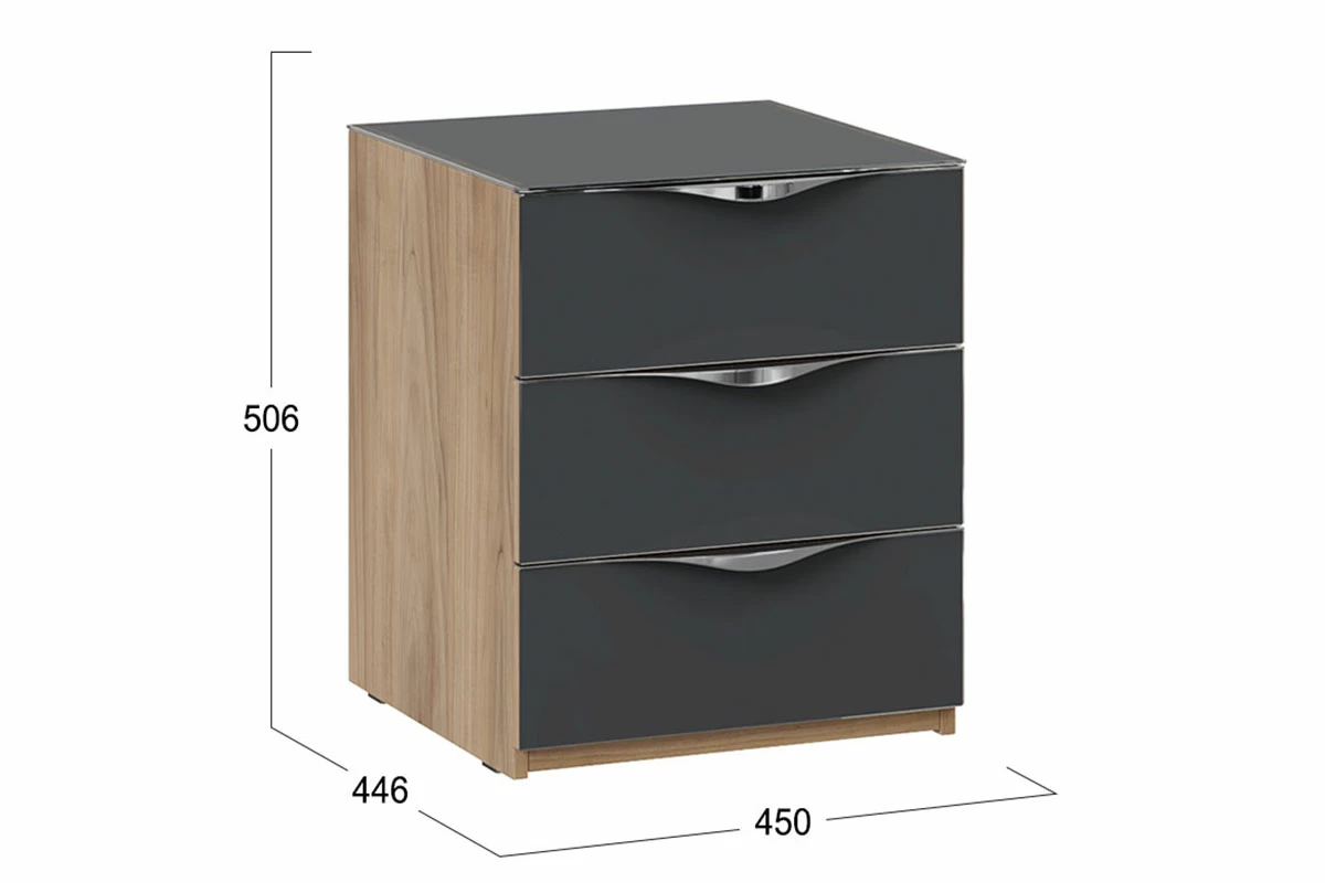 Тумба прикроватная с 3 ящиками Глосс ТД-319.03.02 (Яблоня Беллуно/Cтекло/Графит матовый) — Мебель-центр Озерцо