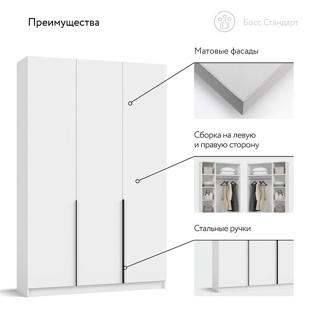 Босс Стандарт 135*220 шкаф распашной 3Д+ящики 01 Белый в мебель-центре Озерцо