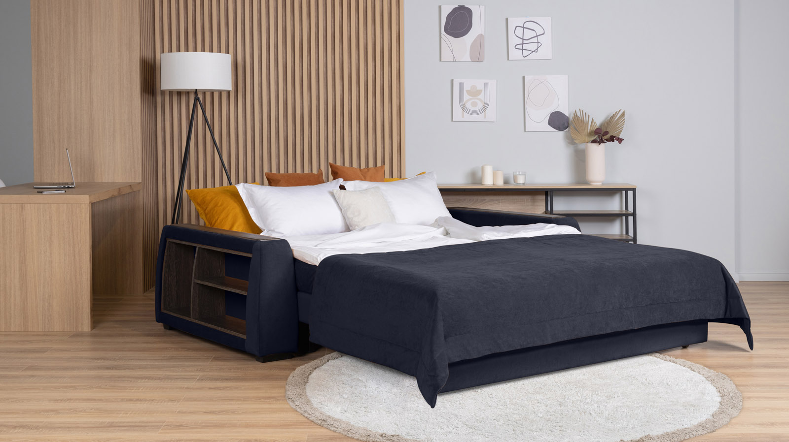 Диван - кровать Domo Pro с полками цвета венге, стежка квадрат, ткань Casanova Scandy 140x216 — в мебель-центре Озерцо