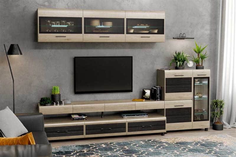 Гостиная Камелия-12 (Гикори Джексон Светлый комбинированный) — Мебель-центр Озерцо