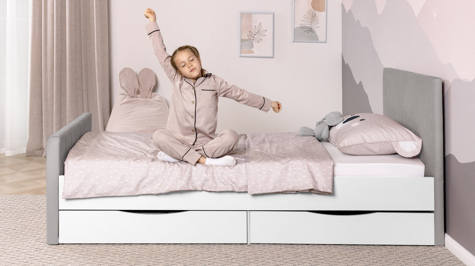 Кровать подростковая Olly, цвет: Белый базовый, Тк. Casanova Grey 90x190 — Мебель-центр Озерцо