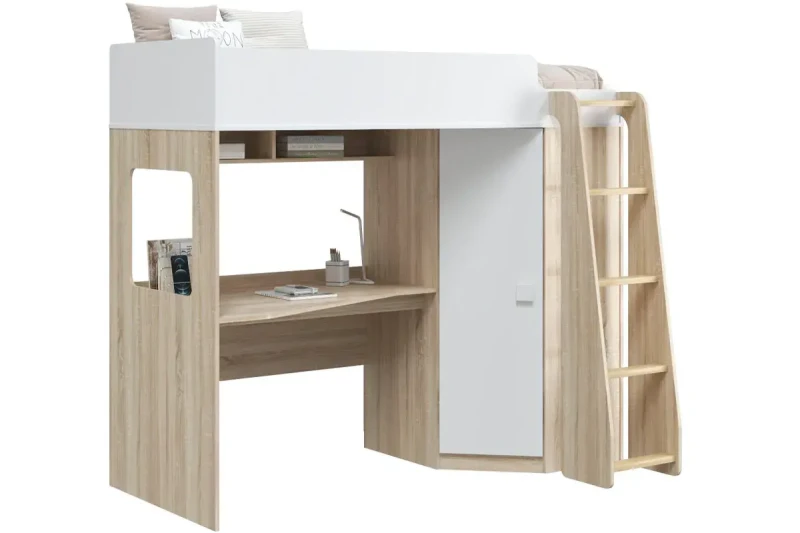 Кровать-чердак Соня-9 со шкафом и столом (Дуб сонома/Белый) - купить в Озерце