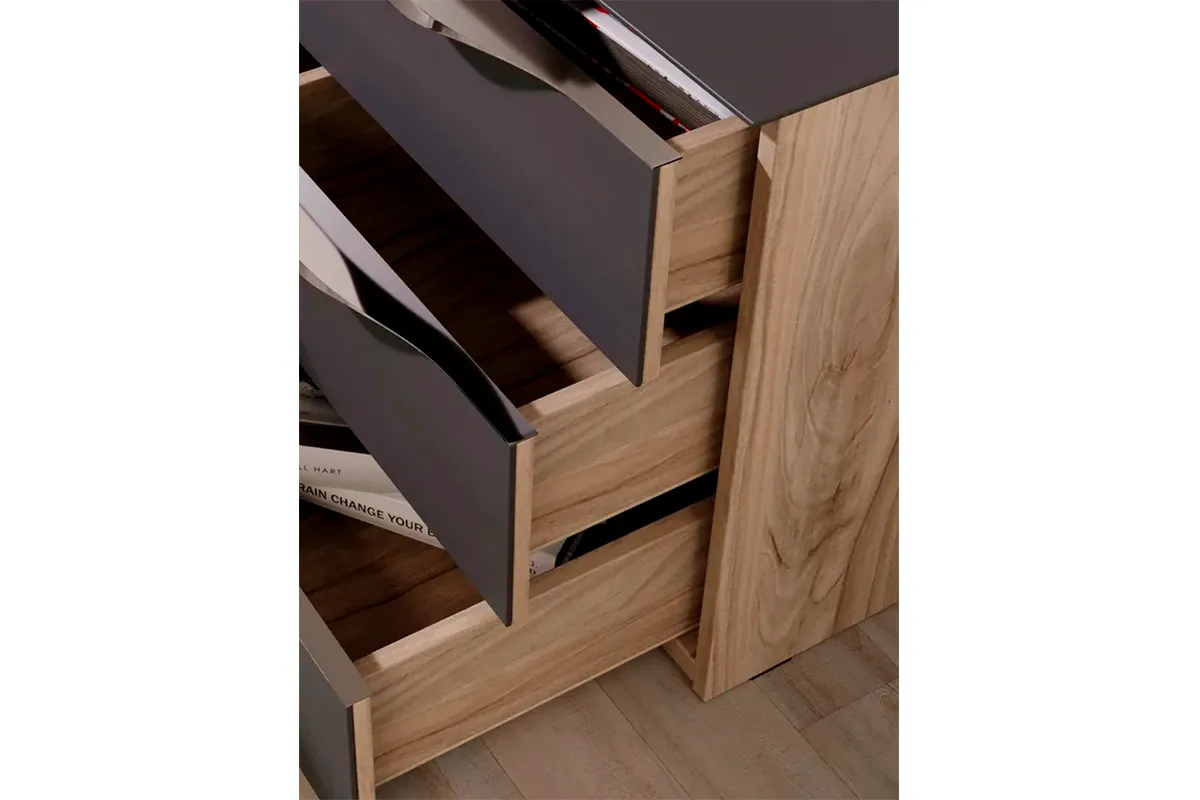 Тумба прикроватная с 3 ящиками Глосс ТД-319.03.02 (Яблоня Беллуно/Cтекло/Графит матовый) — Мебель-центр Озерцо