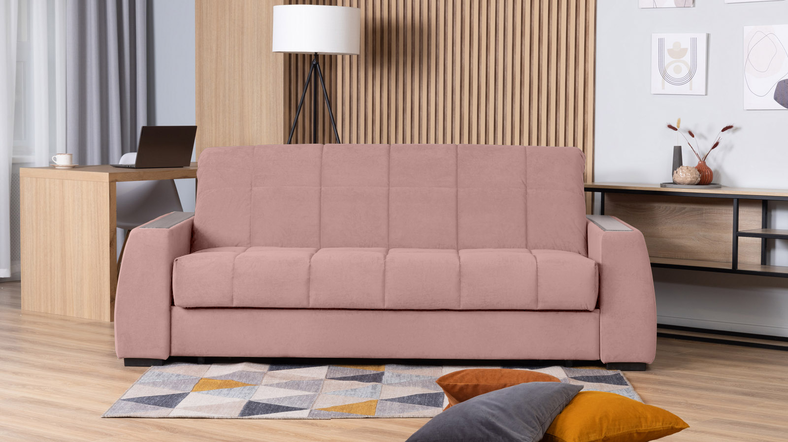 Диван - кровать Domo Pro с полками цвета ясень, стежка квадрат, ткань Sky Velvet 01 180x216 — в мебель-центре Озерцо