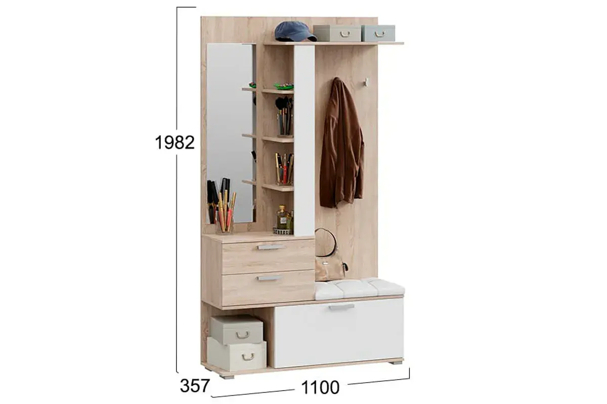 Вешалка комбинированная с крючками и зеркалом Эрика (Дуб Сонома/Белый) — Мебель-центр Озерцо