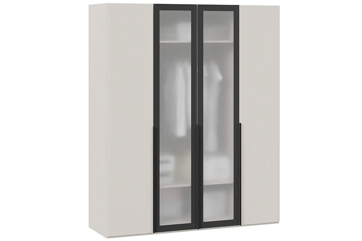 Шкаф для одежды Порто СМ-393.07.116 (580) с 2 глухими и 2 стеклянными дверями (Кашемир матовый / Кашемир сатин / Графит / Стекло сатин черное) в мебель-центре Озерцо