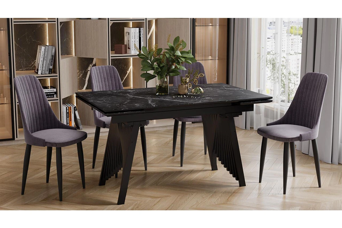 Стол обеденный Шелдон Тип 1 (Черный муар/Керамика матовая черный мрамор) - купить в Озерце