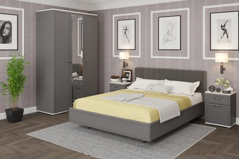 Готовый комплект для спальни СК-1016-СЯ-СО-В (Снежный Ясень/Серый Оникс/Велюр) - купить в Озерце