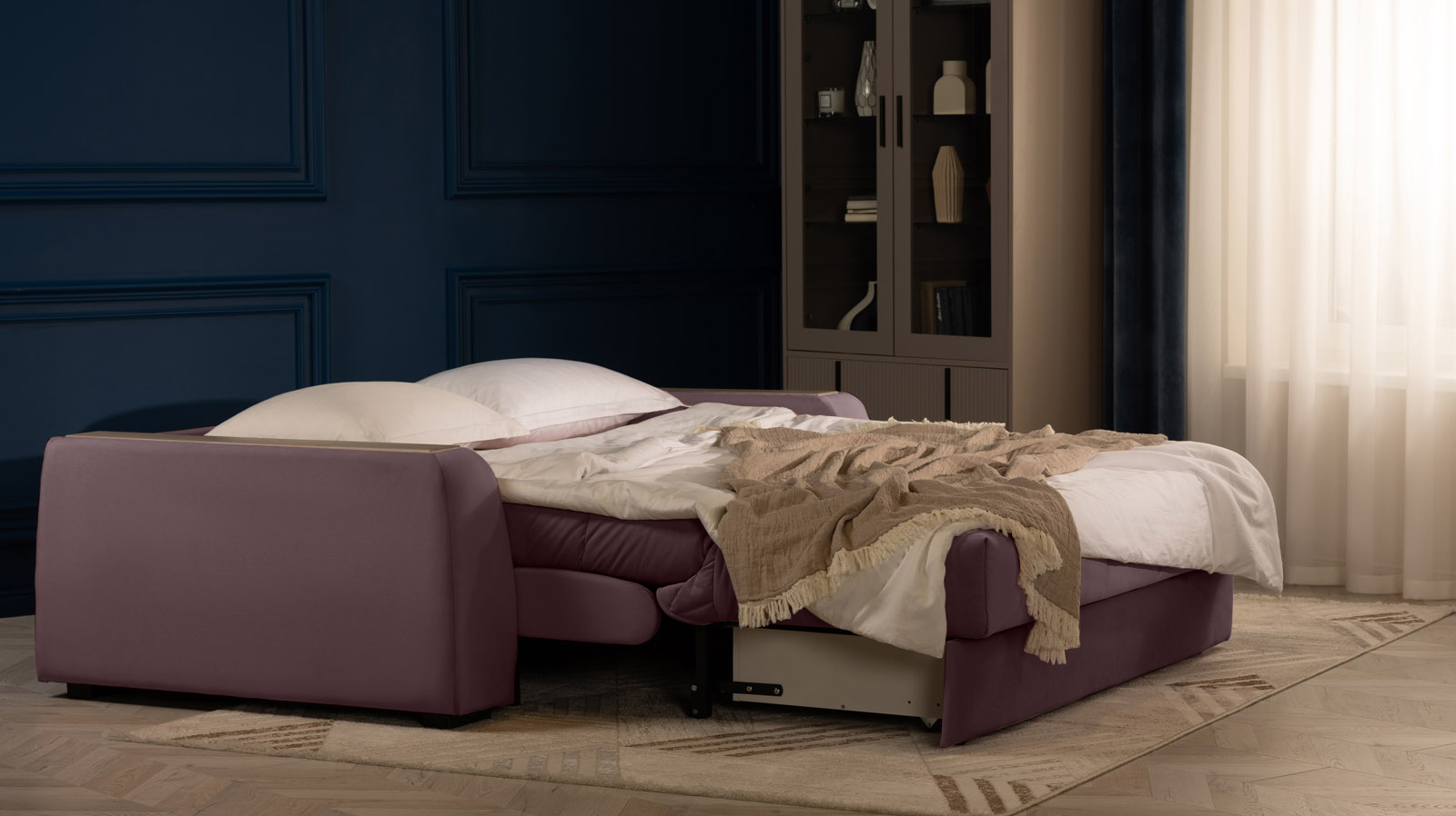 Диван - кровать Domo Pro с накладкой цвета ясень, стежка квадрат, ткань Casanova Lilac 180x216 — в мебель-центре Озерцо