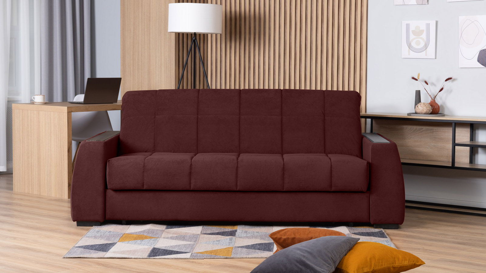 Диван - кровать Domo Pro с полками цвета венге, стежка квадрат, ткань Sky Velvet 32 180x216 — в мебель-центре Озерцо