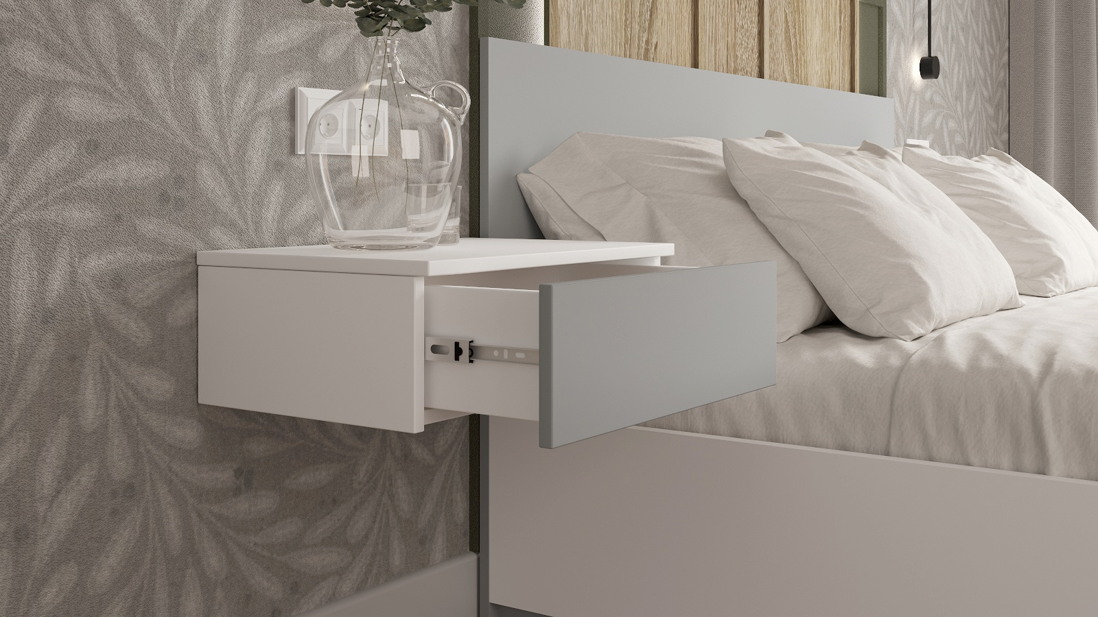 Комплект с подъемным механизмом Twills, цвет белый премиум+арктика серый, 180x200 + Тумба навесная Twills, цвет белый премиум+арктика серый - купить в Озерце