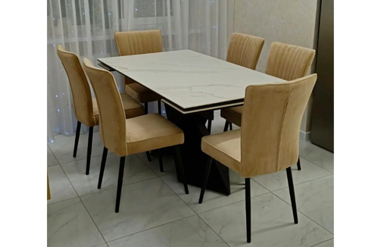 Стол обеденный Марвел 1600(2200) (Керамика 9806035 / МДФ Черный кварц / рама черная / металл черный) - купить в Озерце