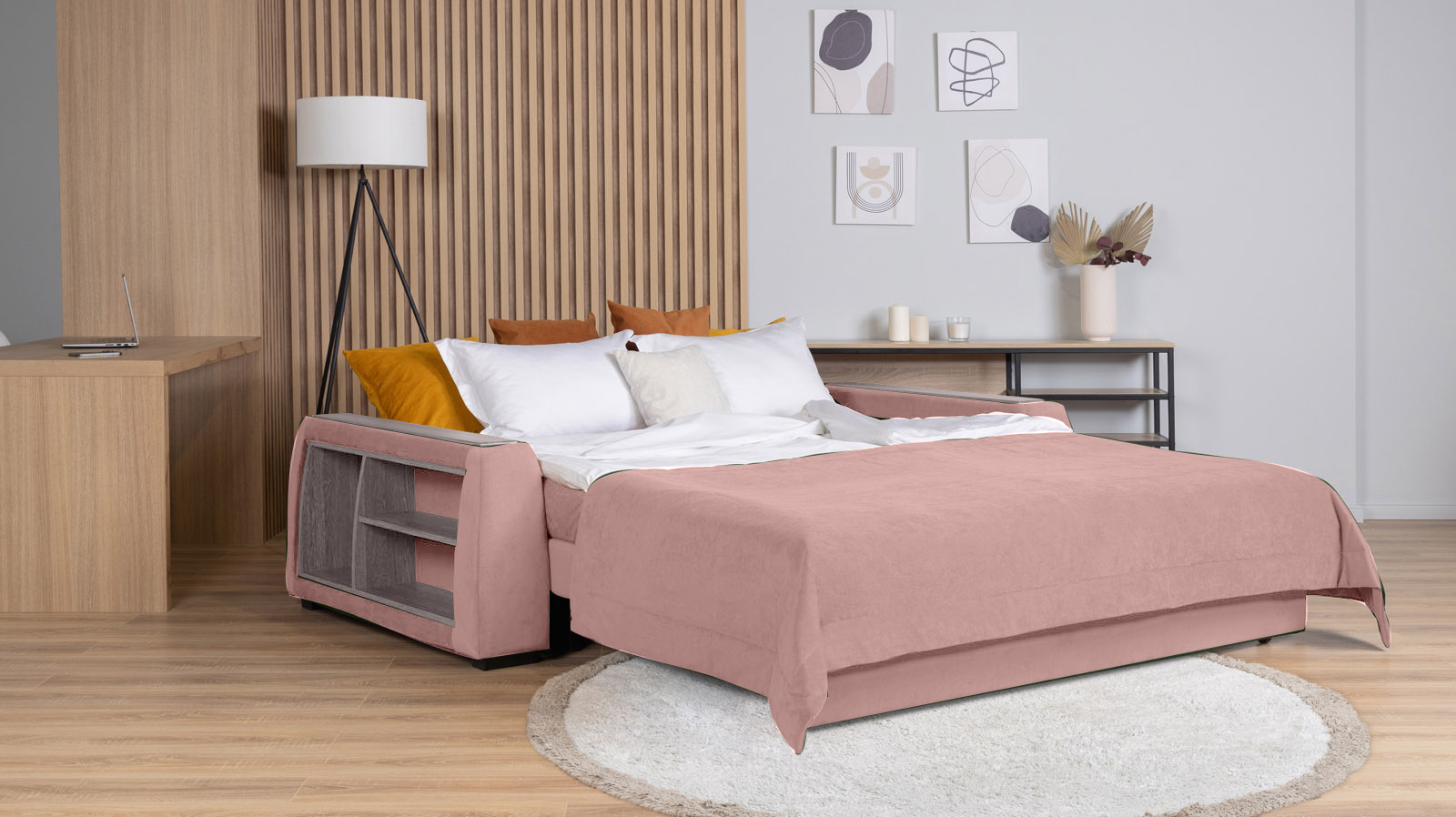 Диван - кровать Domo Pro с полками цвета ясень, стежка квадрат, ткань Sky Velvet 01 180x216 — в мебель-центре Озерцо