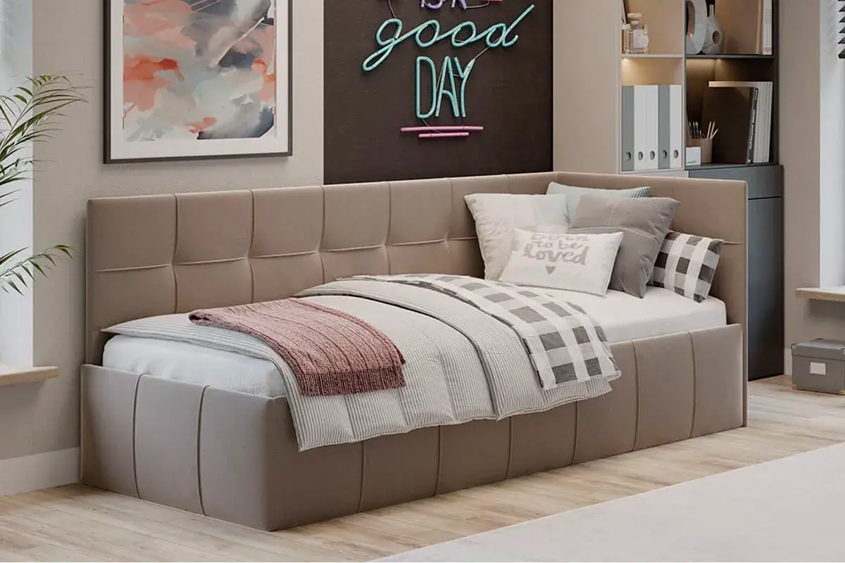 Кровать Грей с мягкой обивкой с ПМ 80х200 Тип 1 (Велюр Galaxy/Серо-бежевый) - купить в Озерце