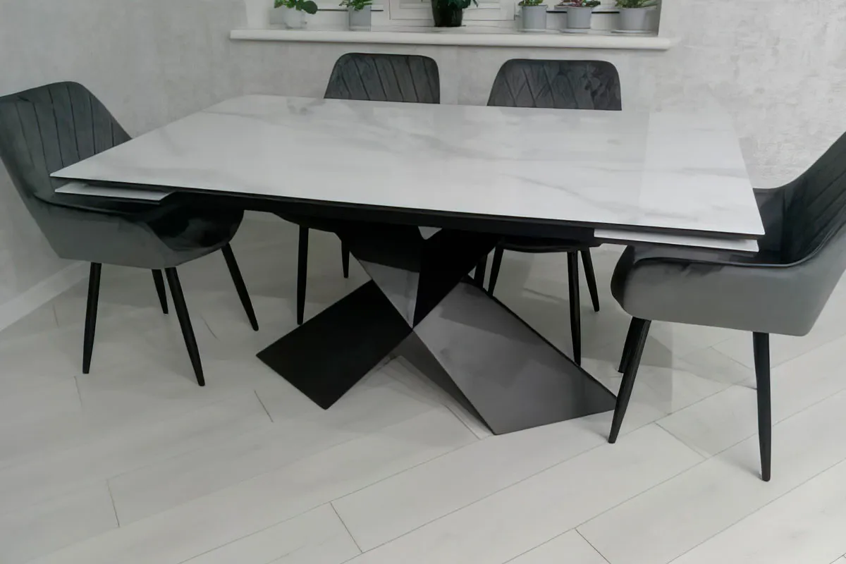 Стол обеденный Марвел 1600(2200) (ст. №2 / Стекло Оптивайт с фотопечатью Белый мрамор/МДФ Черный Кварц/Металл Черный) - купить в Озерце