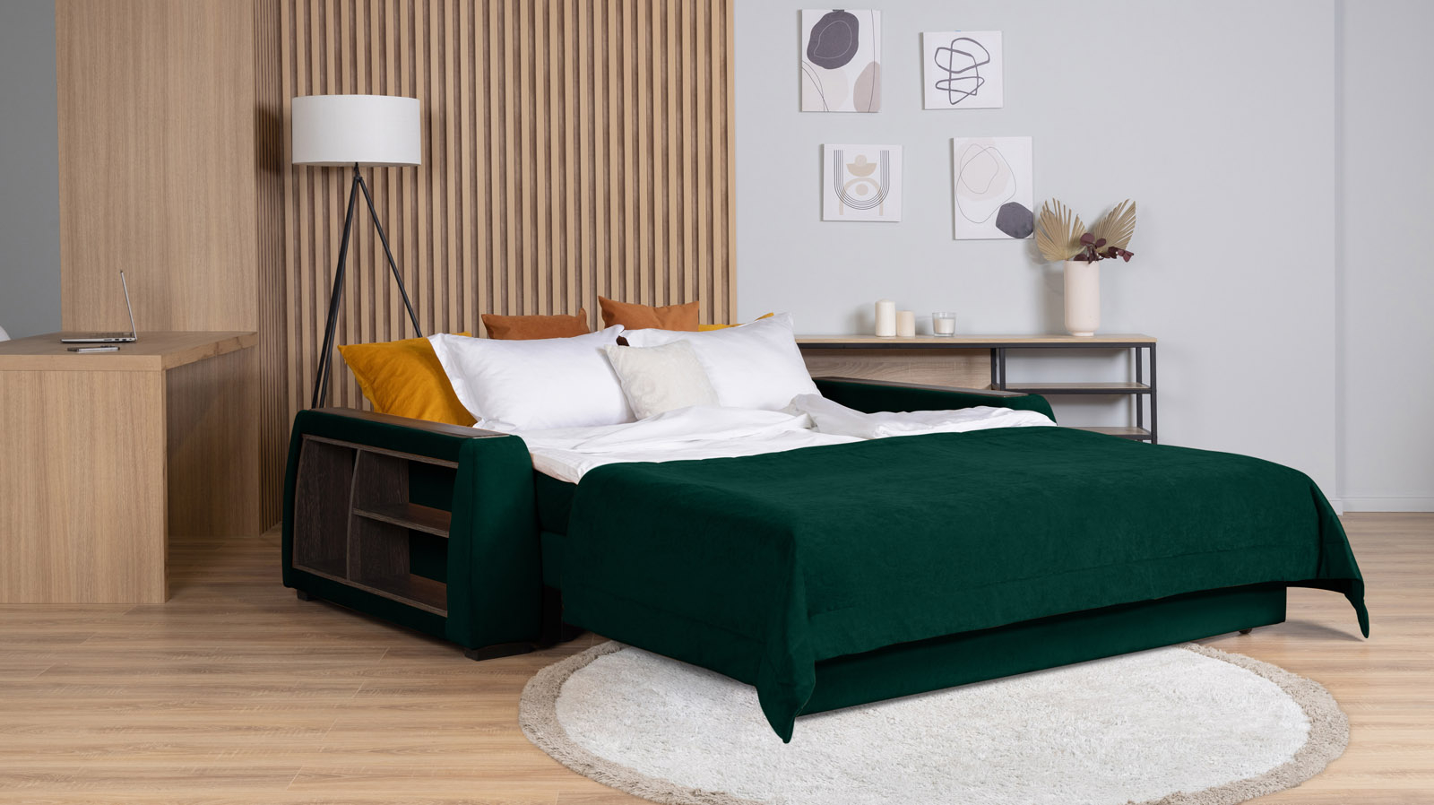 Диван - кровать Domo Pro с полками цвета венге, стежка квадрат, ткань Sky Velvet 42 180x216 — в мебель-центре Озерцо