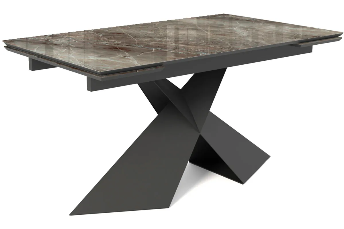 Стол обеденный Марвел 1600(2200) (ст. №2 / Стекло Оптивайт с фотопечатью Карелия/МДФ Черный Кварц/Металл черный) - купить в Озерце