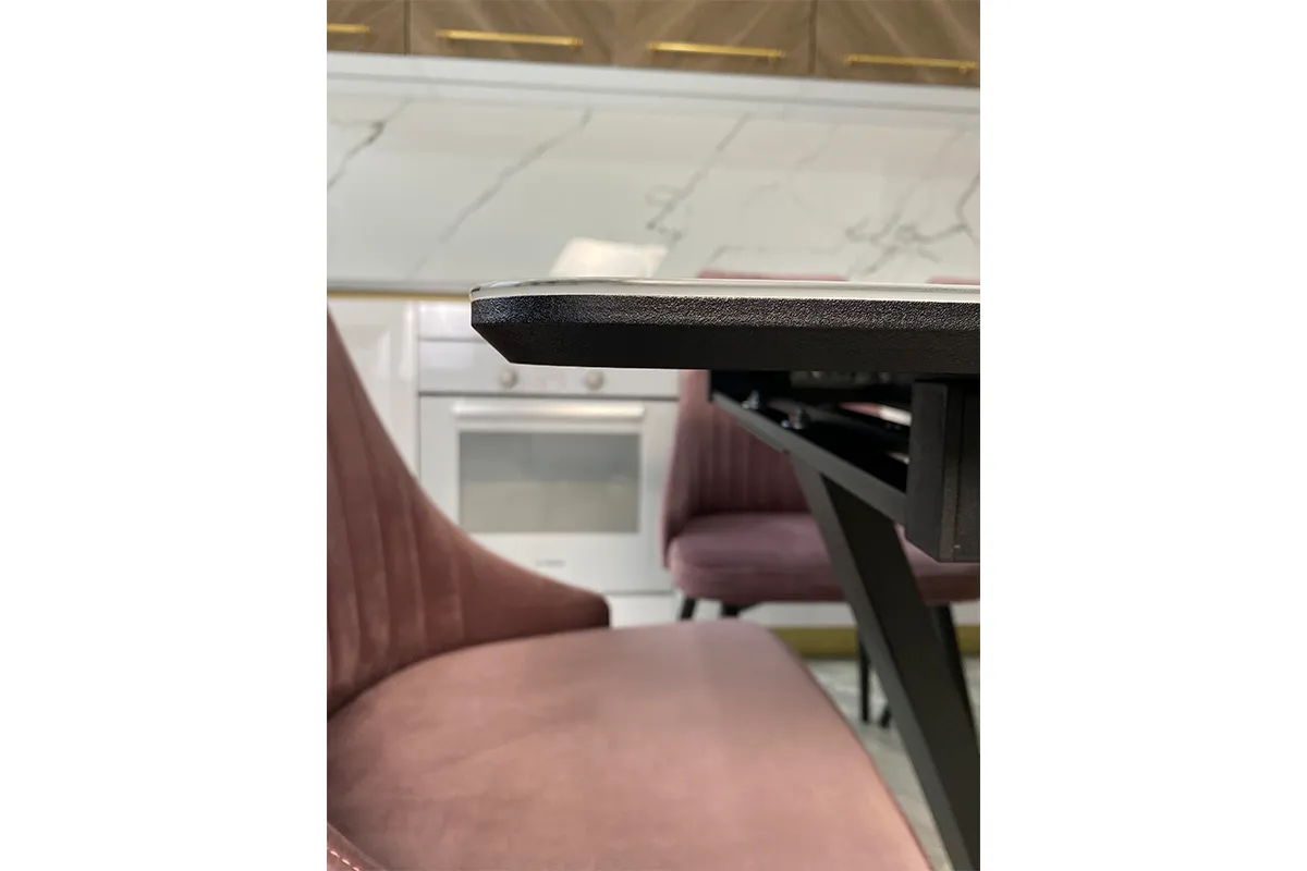 Стол обеденный Луи 1200(1600) (Стекло Оптивайт с фотопечатью Обсидан / МДФ черная шагрень / Металл черный) - купить в Озерце