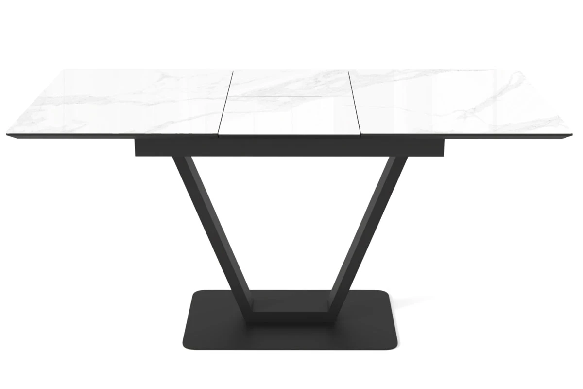 Стол обеденный Луи 1200(1600) (Стекло прозрачное с фотопечатью Белый мрамор/ МДФ Черная шагрень/ Металл Черный) - купить в Озерце
