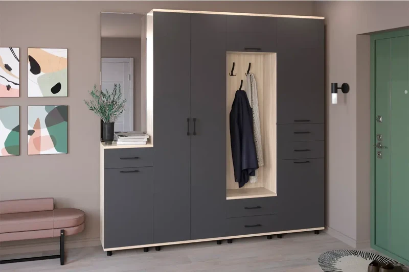 Прихожая Грейс комплект 7 (Ясень Асахи/Антрацит Матовый) — Мебель-центр Озерцо