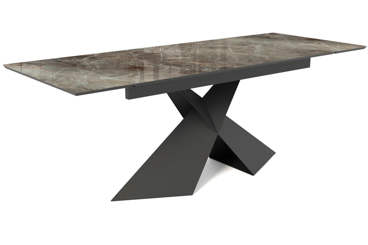 Стол обеденный Марвел 1600(2200) (ст. №2 / Стекло Оптивайт с фотопечатью Карелия/МДФ Черный Кварц/Металл черный) - купить в Озерце