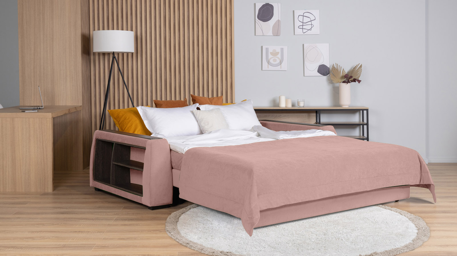 Диван - кровать Domo Pro с полками цвета венге, стежка квадрат, ткань Sky Velvet 01 160x216 — в мебель-центре Озерцо